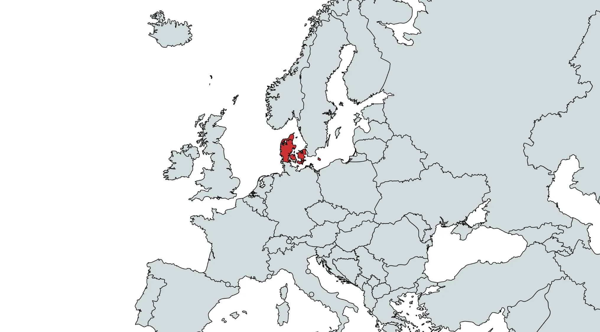 Map of Europe with the country Denmark highlighted in red, focusing on guessing the country on the map.