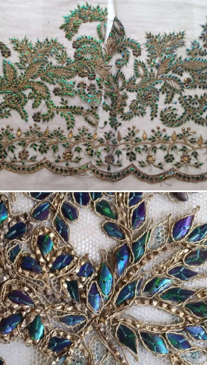 Before Sequins, There Were Beetle Wings. Fabric From 1858 Embellished With Bug Wings