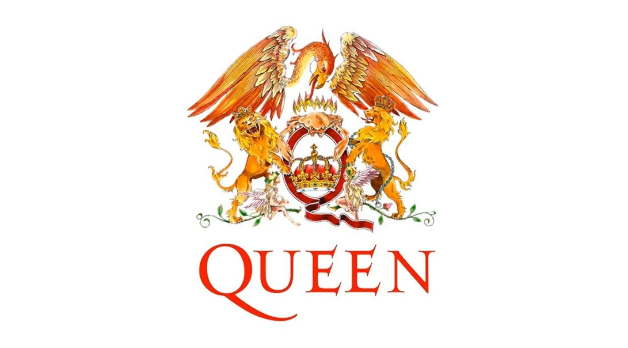 Queen band logo with a phoenix, lions, and a crown, representing the lead singer and classic rock music quiz.