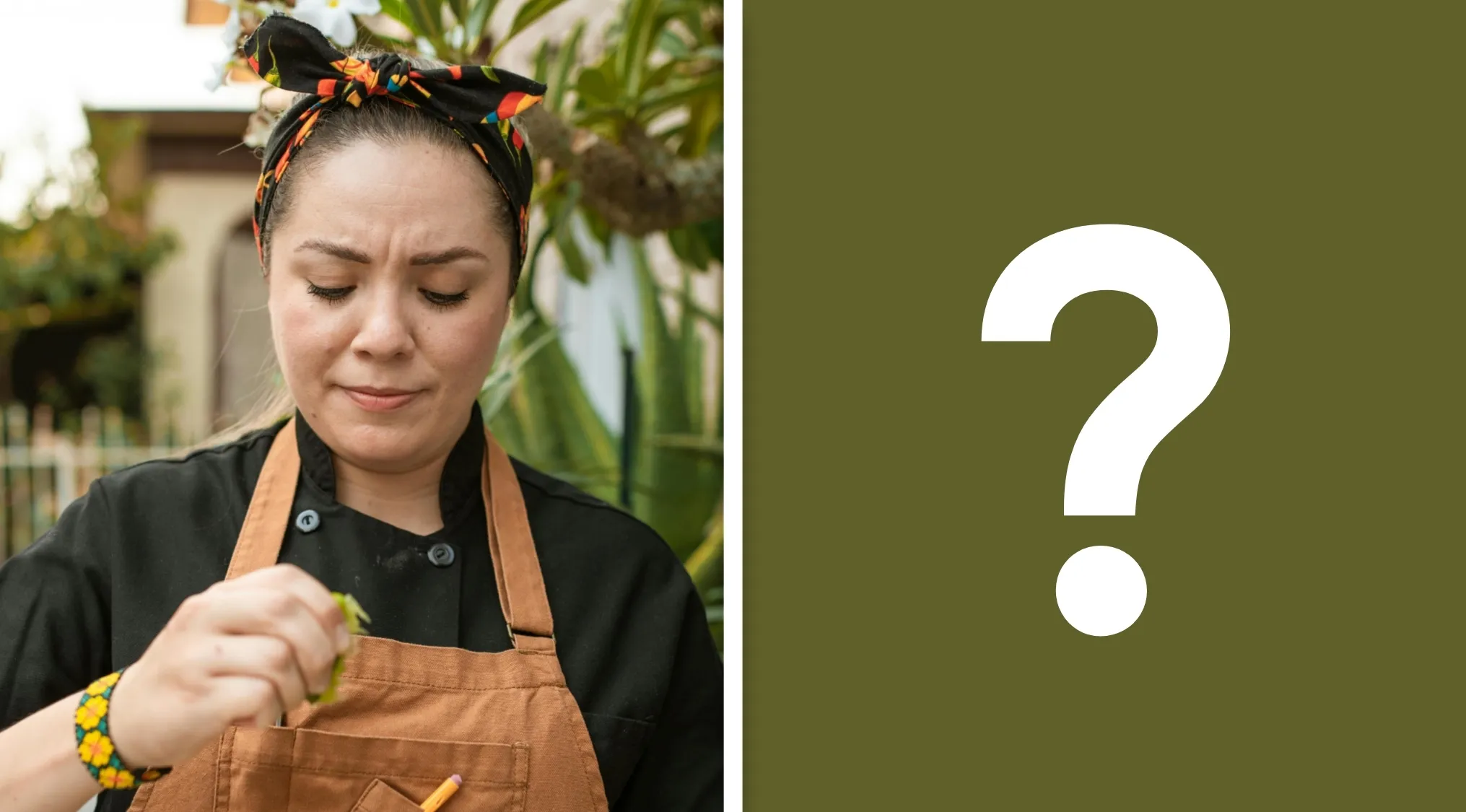 Woman in apron looking puzzled while holding an herb, paired with a large question mark for general knowledge quiz.