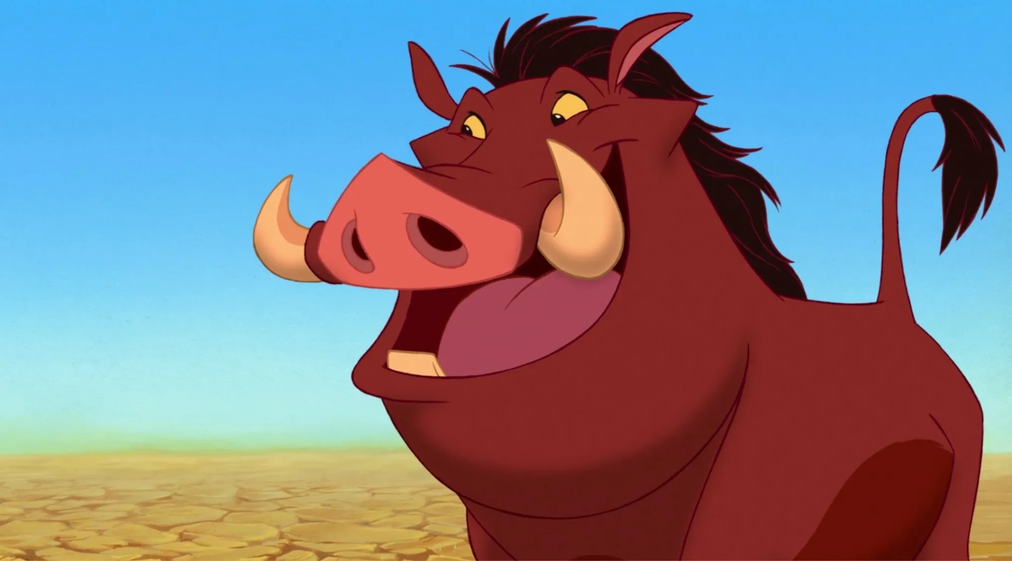 Animated warthog character Pumbaa from an easy-to-hard general knowledge quiz about The Lion King movie.