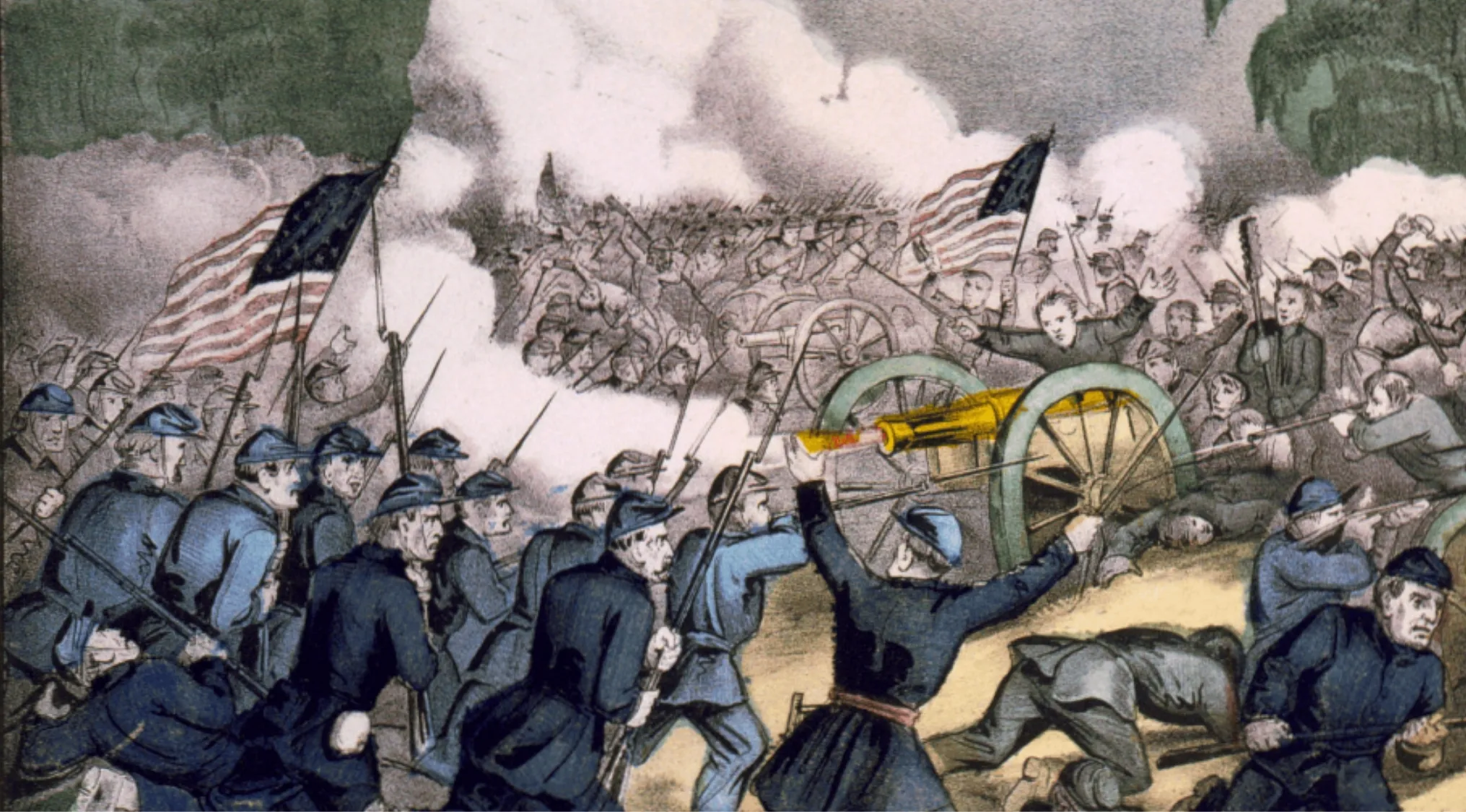 Civil War battle scene with soldiers firing cannon and American flags during a general knowledge quiz on US presidents.