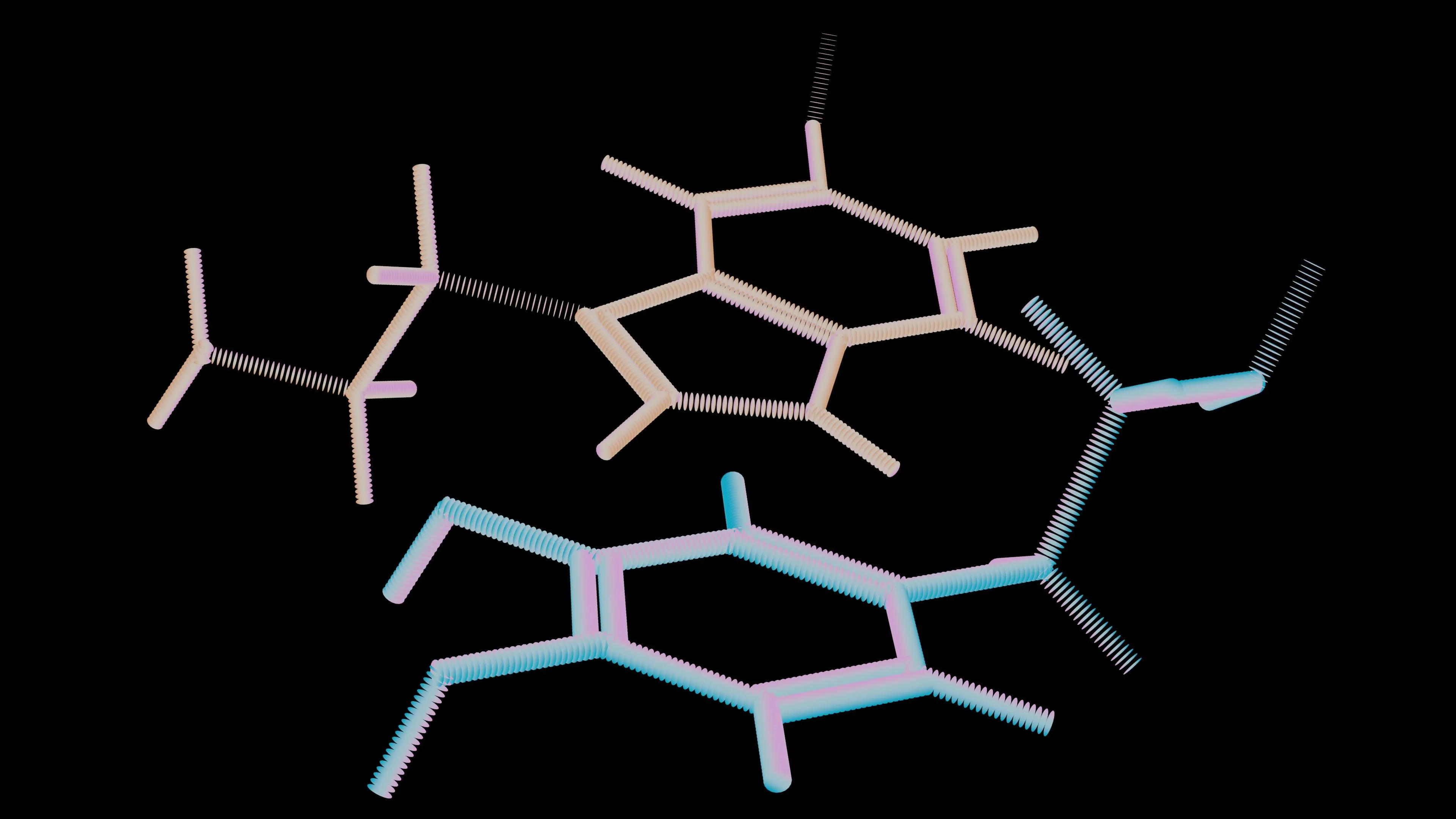 3D molecular structure model on black background, related to easy-to-hard general knowledge quiz about periodic table letters.