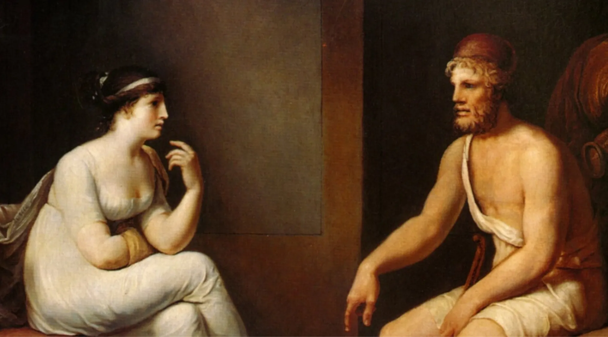 Classical painting of Odysseus and his wife Penelope from the epic poem The Odyssey in an easy-to-hard general knowledge quiz context.