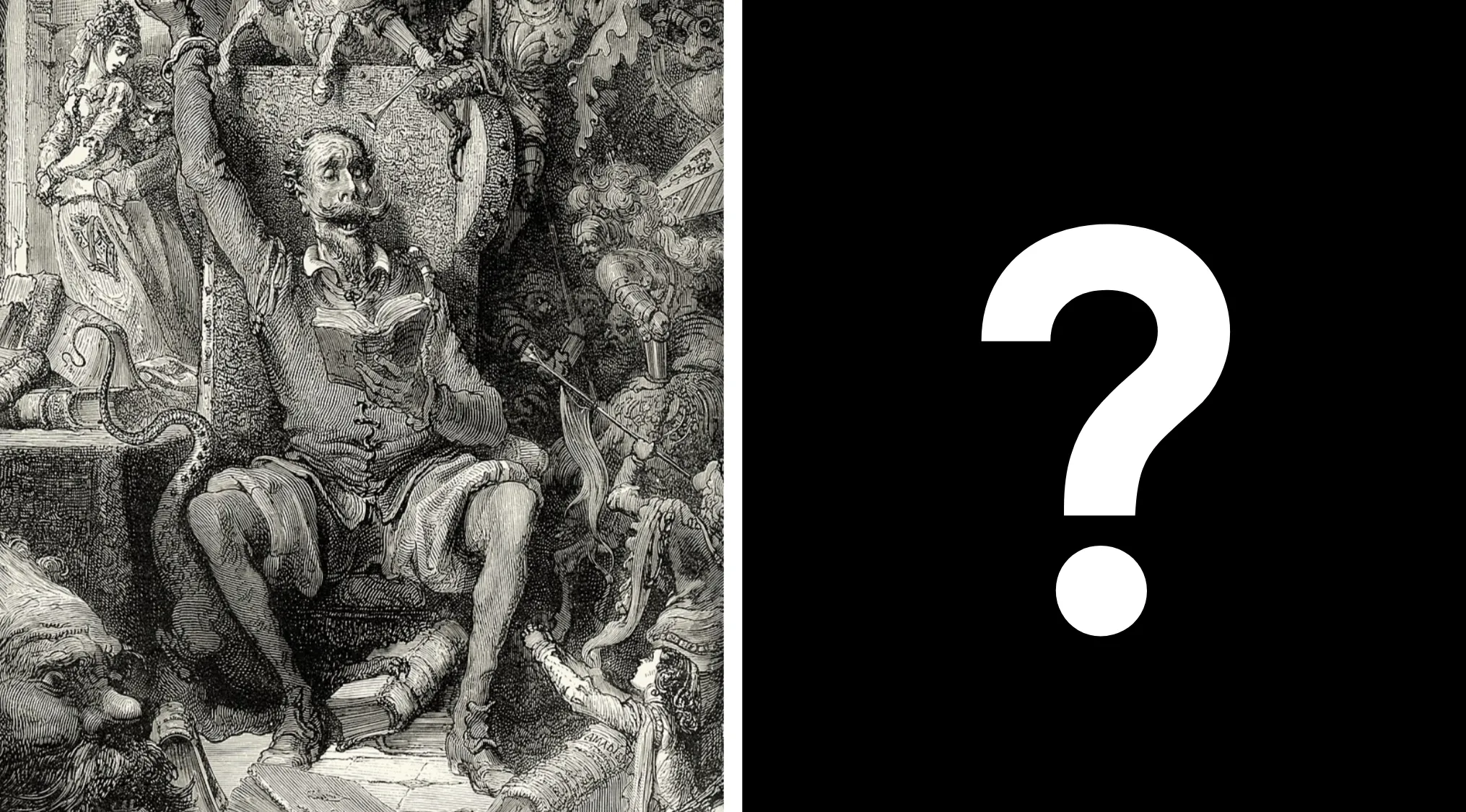 Vintage illustration of Don Quixote sitting in a chair, part of an easy-to-hard general knowledge quiz question.