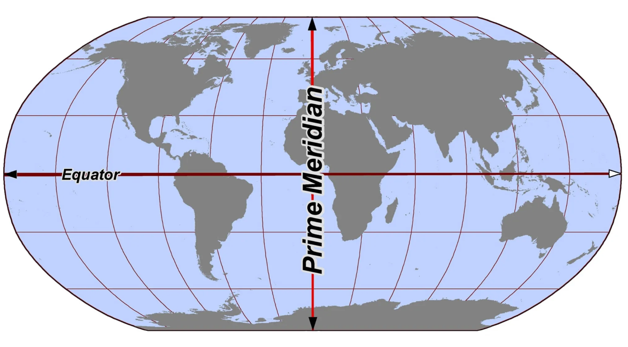 World map showing equator and prime meridian lines, illustrating the only country located in all four hemispheres.