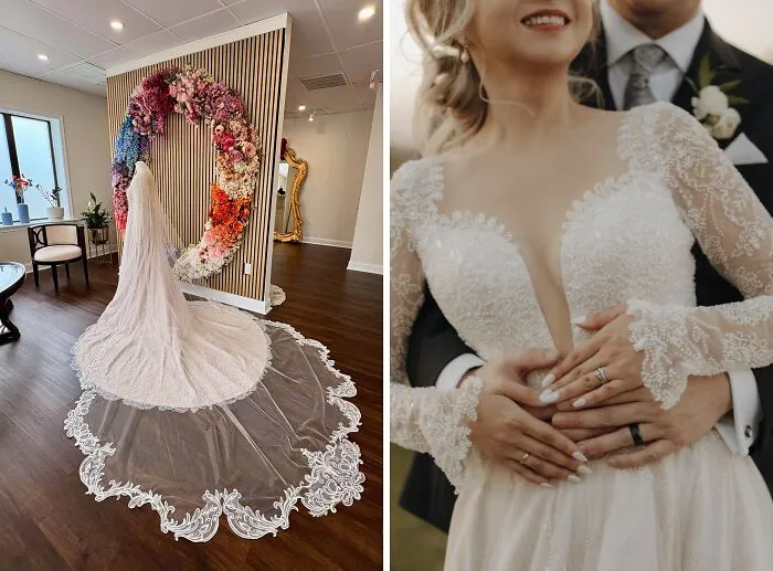 Me hice un vestido de novia completamente bordado con cuentas y un velo catedral. ¡Después de cientos de horas de trabajo, lo logré!