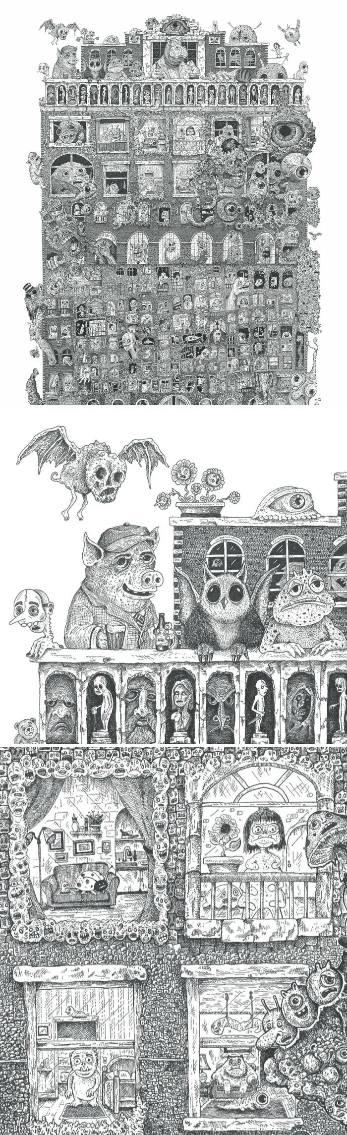 "Residentes". Un edificio de apartamentos surrealista. ¡Me llevó más de dos años hacer este dibujo!