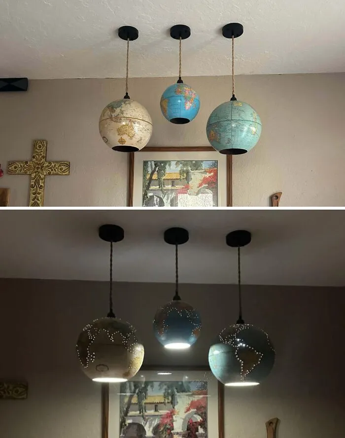 Lámparas hechas con globos terráqueos