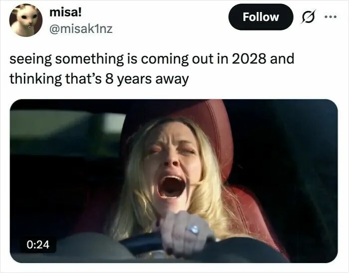 Tweet about time perception with woman screaming in car, capturing humorous US internet reactions and funny tweets.