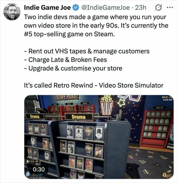 Tweet about Retro Rewind video store simulator game featuring indie devs and vintage VHS rental gameplay in US humor context.