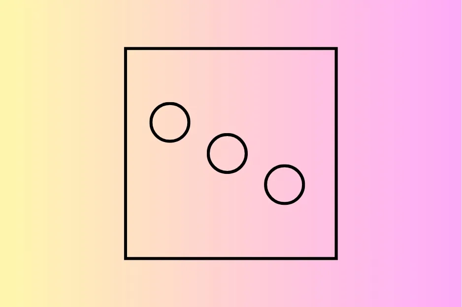 Three circles inside a square arranged diagonally, illustrating a pattern puzzle with the letter D on a gradient background.