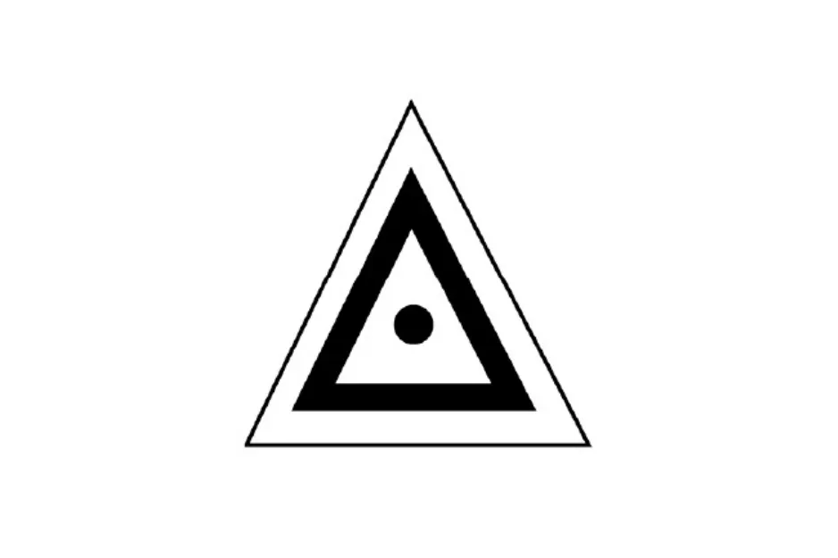 Black and white triangle pattern with a dot in the center, representing what comes next in the pattern D question.
