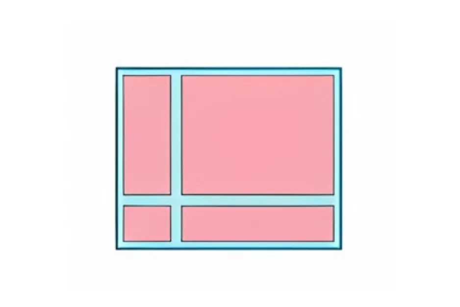 Abstract matrix with several pink rectangles inside a blue border, missing one piece in the bottom left corner.