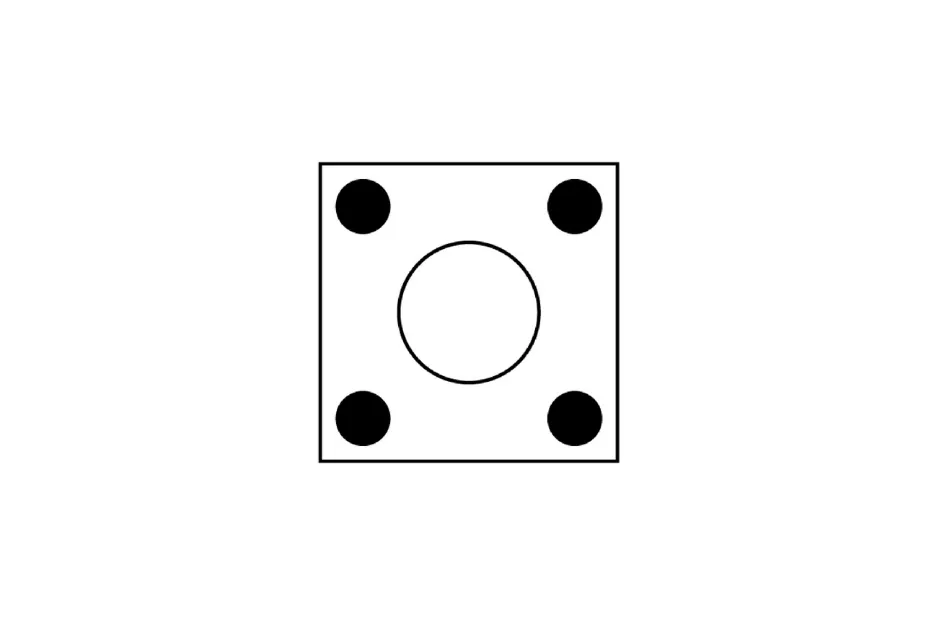 Square figure with a central circle and four solid black dots in each corner representing sequence completion.