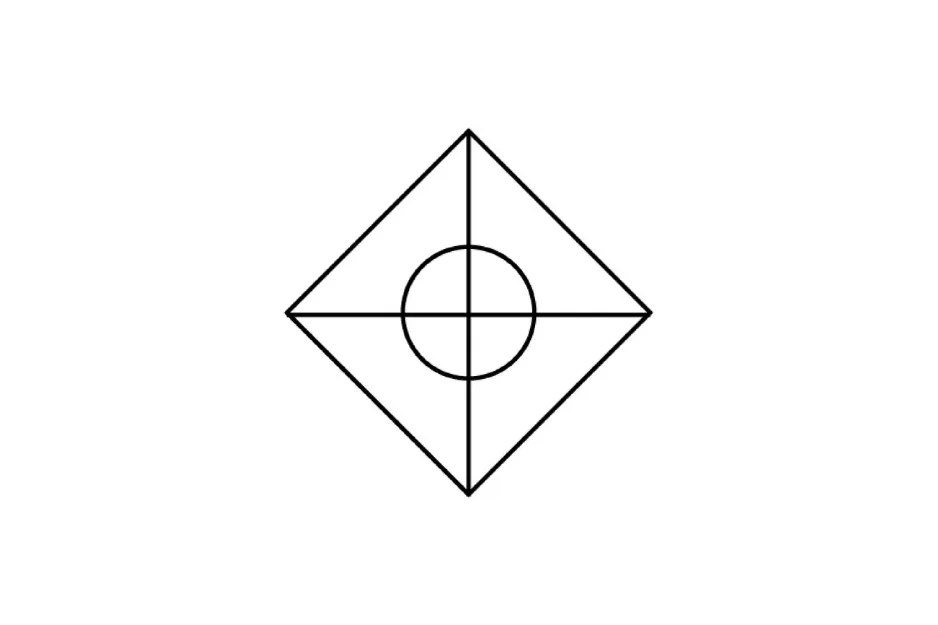 Black and white geometric figure with a diamond shape, central circle, and intersecting lines completing the sequence H