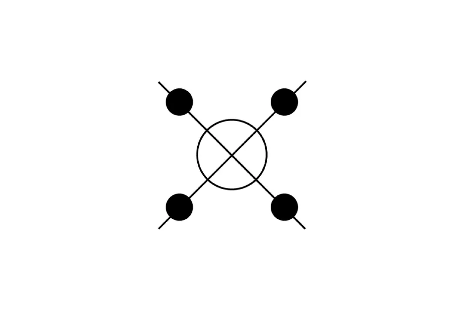 Abstract black and white figure with four black dots at ends of diagonal lines crossing a central circle, sequence puzzle figure D