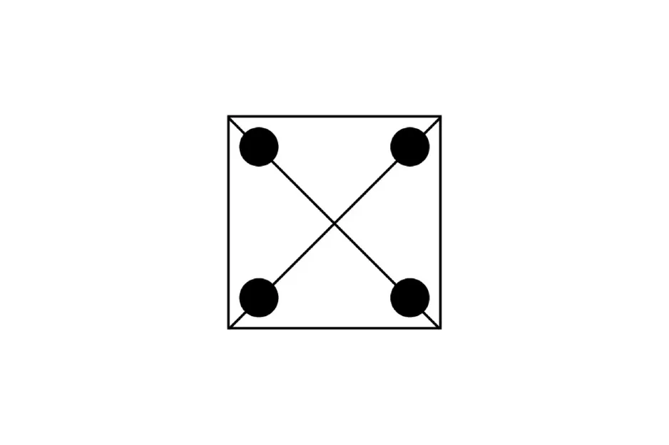Black circles positioned at each corner connected diagonally inside a square, figure completing the sequence E puzzle.