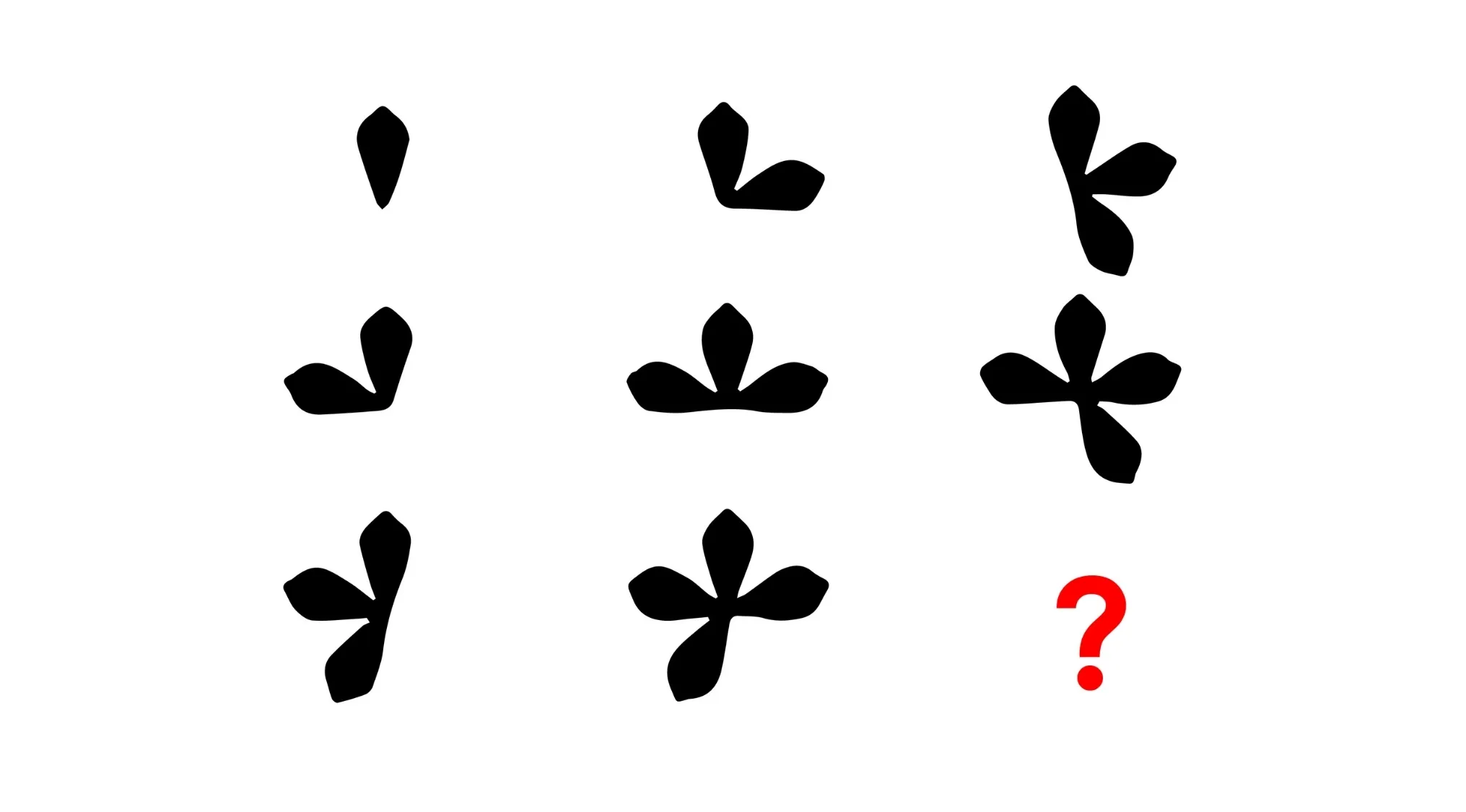 Black abstract shapes arranged in a Raven's Progressive Matrices IQ test pattern with a missing piece marked by a red question mark
