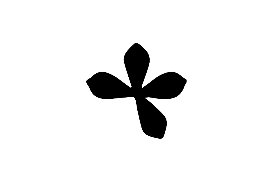 Black abstract shape with four uneven curved petals arranged symmetrically on a white background.