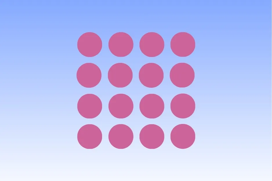 Pattern of pink circles arranged in a 4 by 4 grid on a gradient blue background, exploring visual pattern recognition.