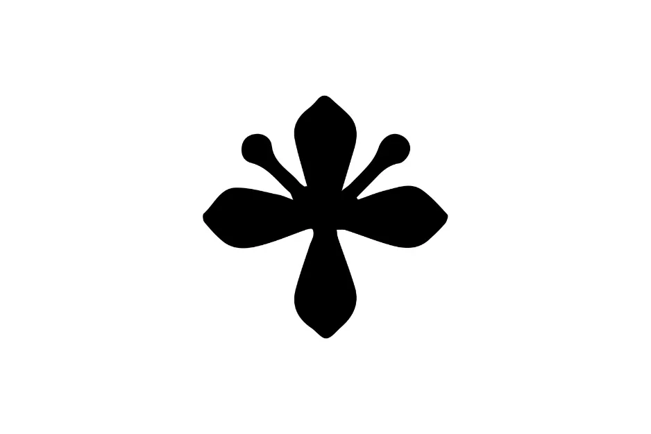 Black abstract shape resembling a stylized symmetrical flower with four rounded petals on a white background.