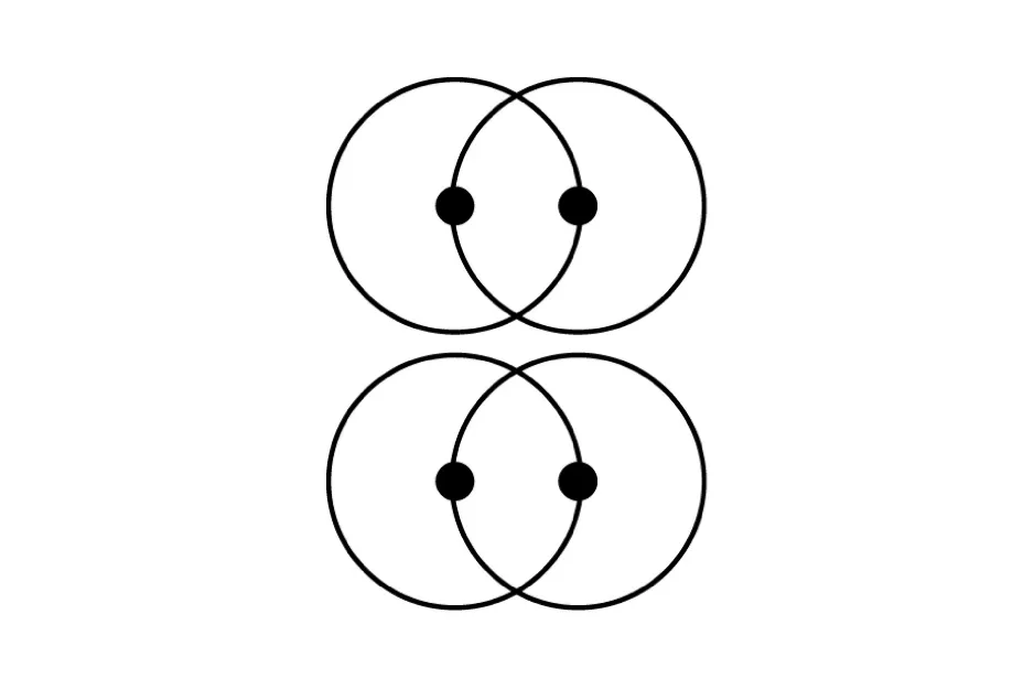 Two rows of overlapping circle pairs with dots inside, part of a matrix puzzle to choose the piece that completes it B.