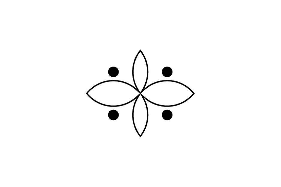 Abstract black geometric shape with four pointed ovals and four black dots, puzzle piece completing the matrix concept.