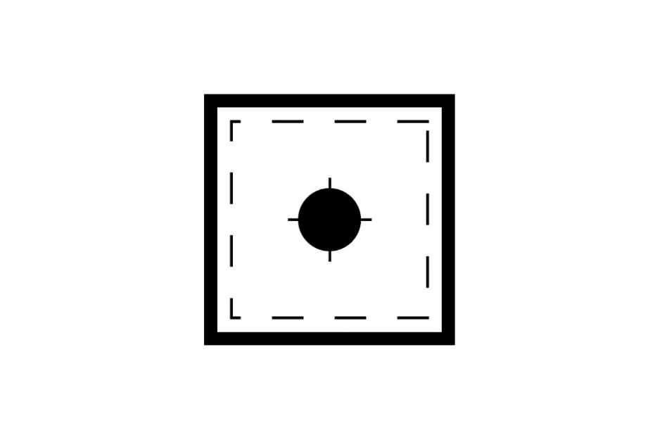 Black circle with crosshairs inside a dashed square, illustrating a step in the pattern sequence with G as focus.