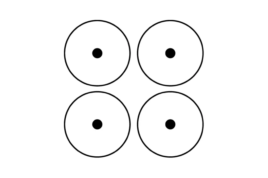 Four black dots centered inside four evenly spaced black circles forming a square matrix pattern.