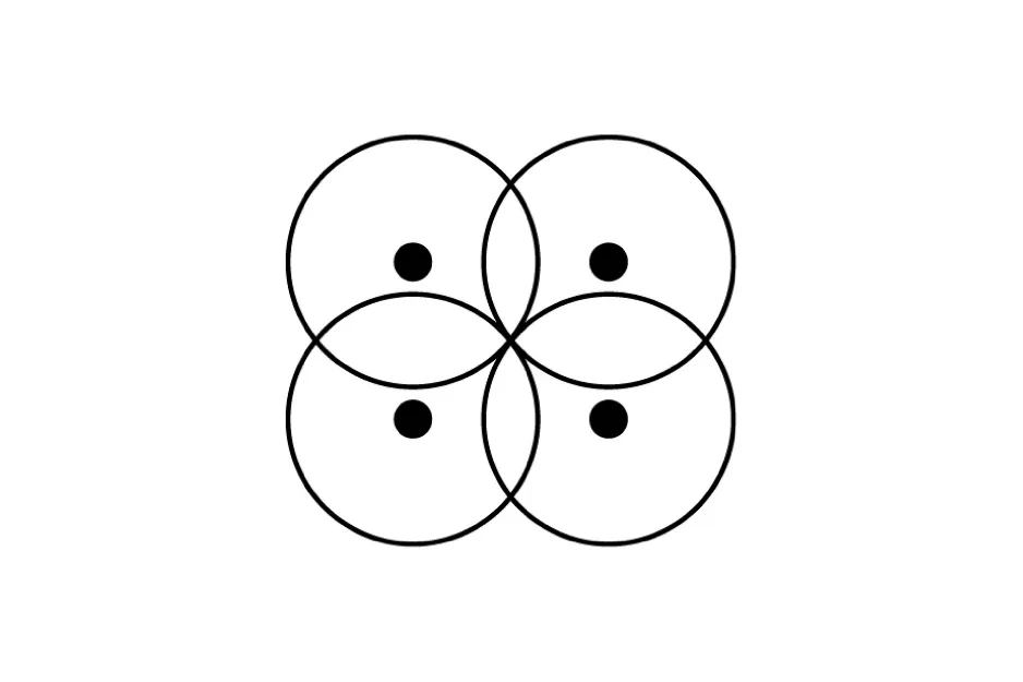 Four overlapping circles each containing a black dot, illustrating a puzzle to choose the piece that completes the matrix.