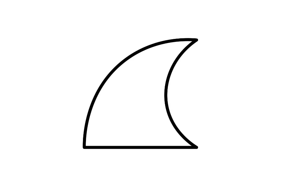 Simple black outline of a curved figure shaped like a shark fin in the series puzzle to pick the figure that completes it.
