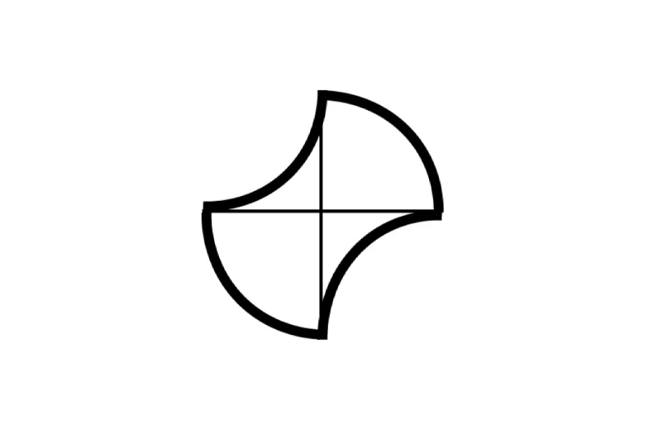 Black and white abstract figure with curved edges and cross lines, part of a series puzzle to pick the figure that completes.