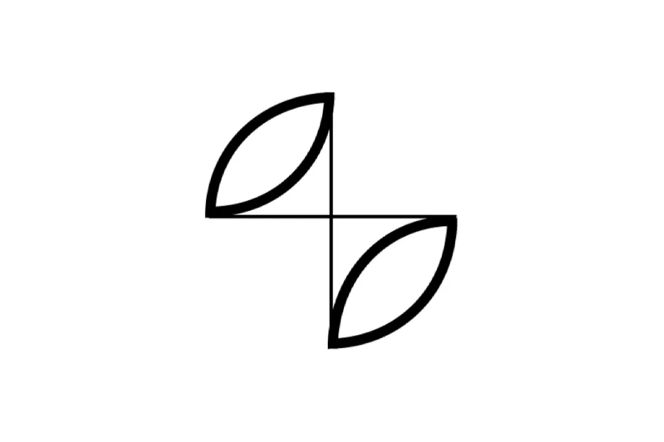 Abstract black and white figure with curved leaf shapes arranged around a central point, puzzle series to complete.