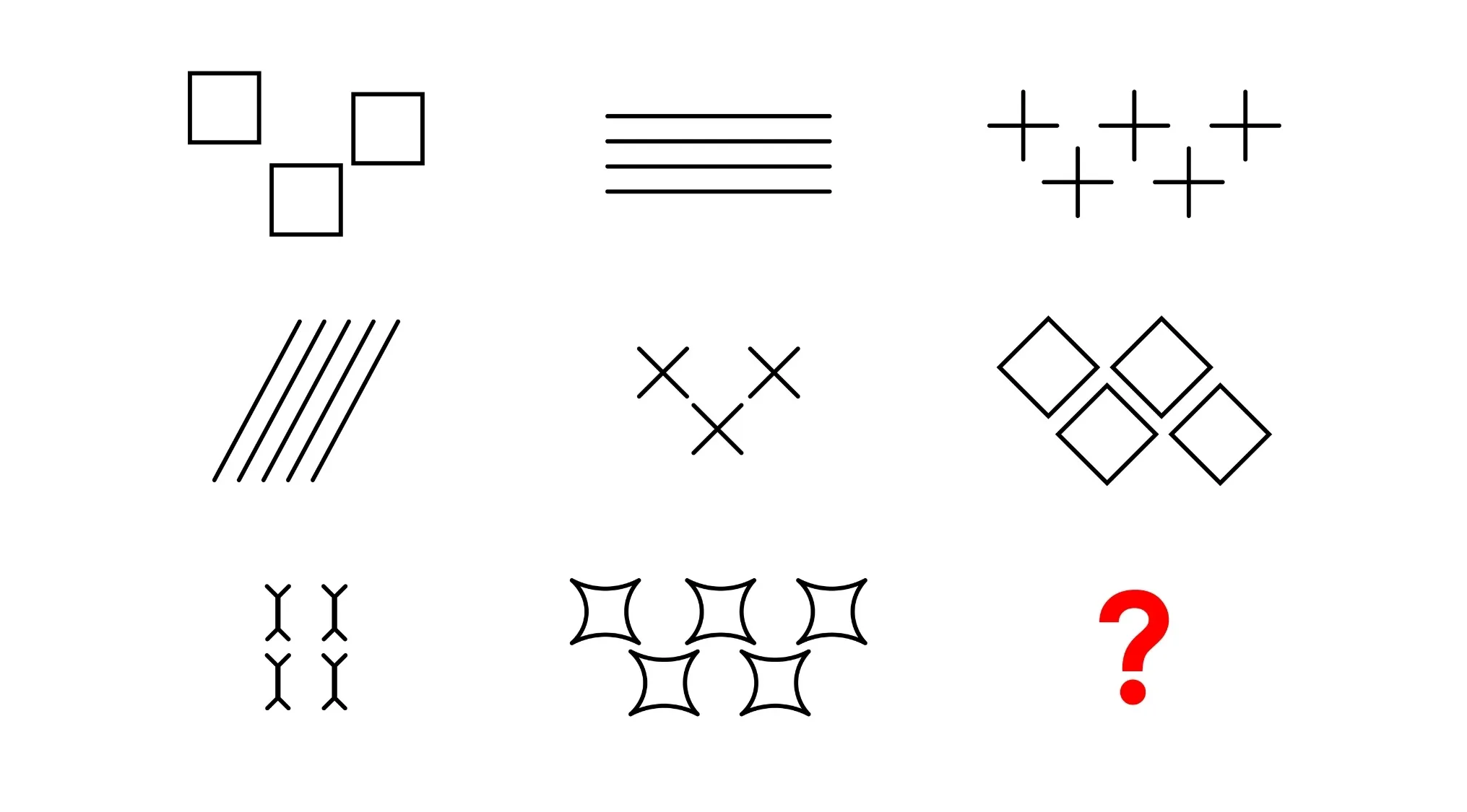 Raven's Progressive Matrices IQ test pattern with geometric shapes, asking to choose the piece that completes the matrix.