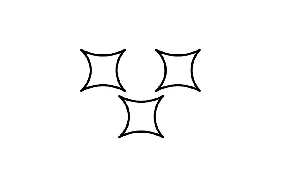 Three black curved square shapes arranged in a pattern, part of a puzzle to choose the piece that completes the matrix.