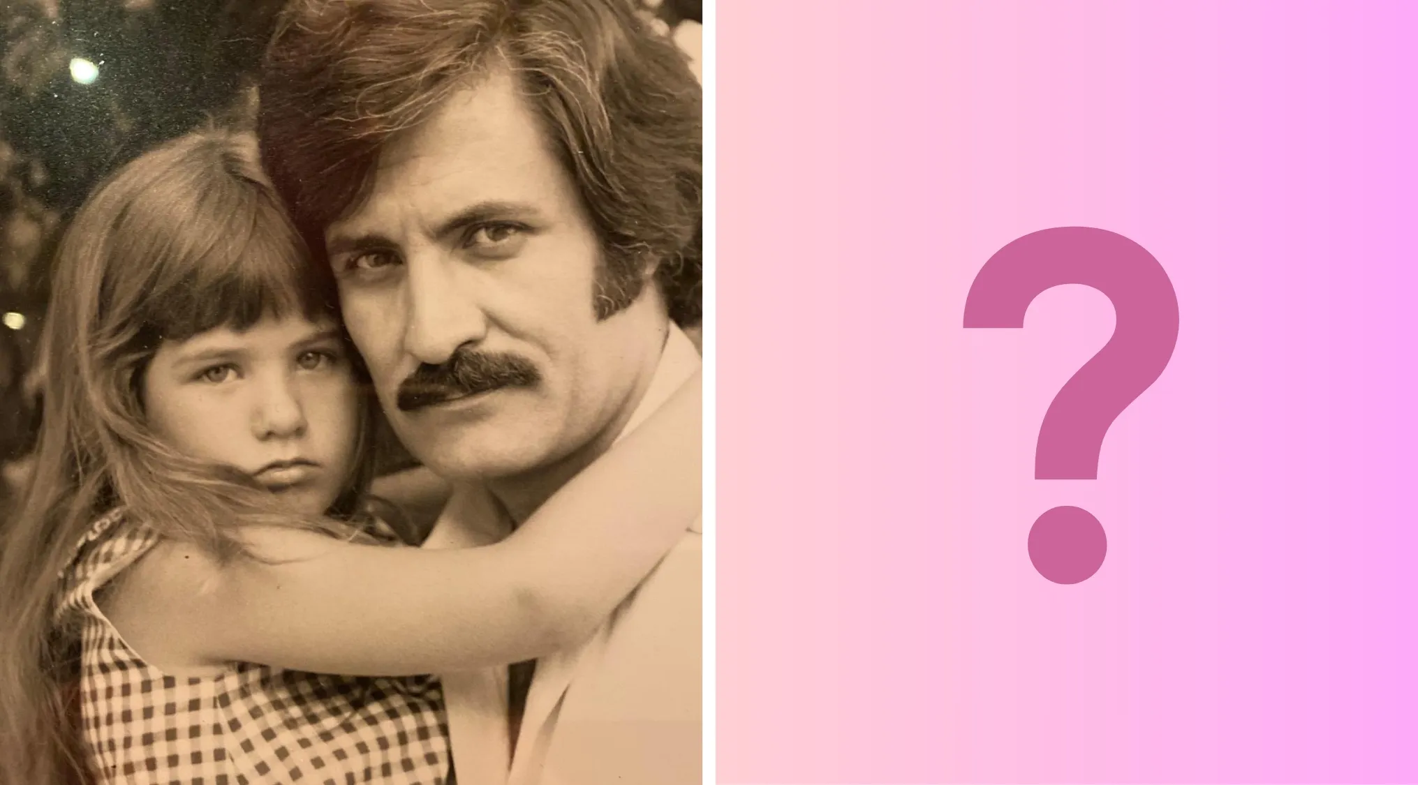 Young girl hugging her father in a vintage photo, part of celebrities as kids childhood images series question mark graphic.