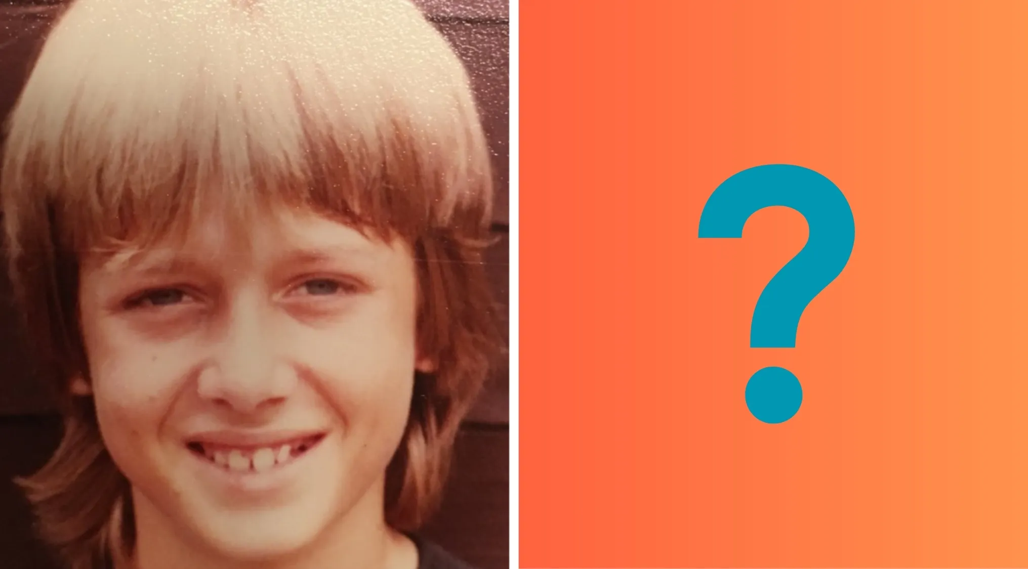 Childhood photo of a smiling kid with blonde hair in the celebrities as kids series guessing game.