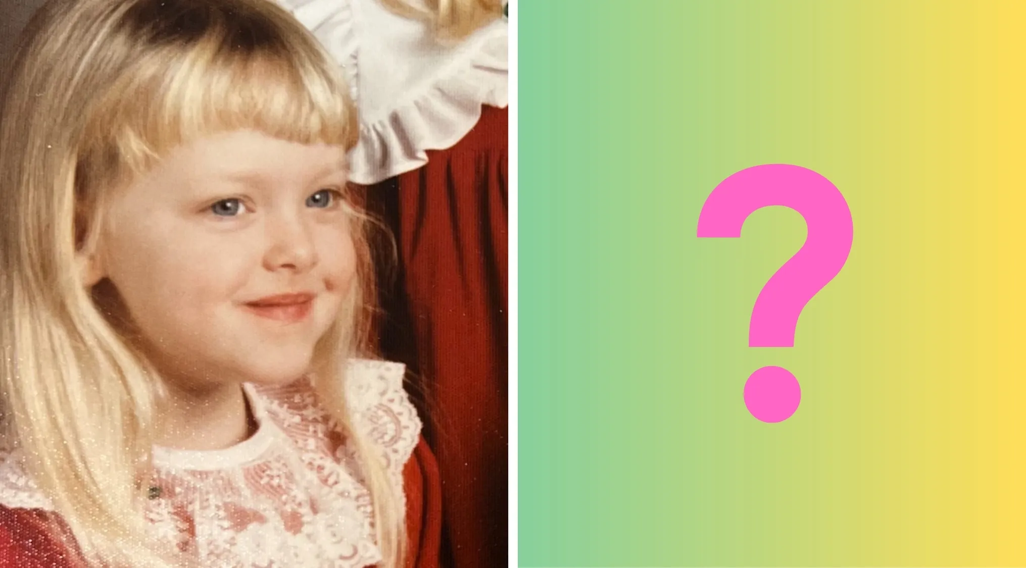 Young blonde girl smiling in a vintage dress next to a colorful background with a large question mark for celebrities as kids quiz.
