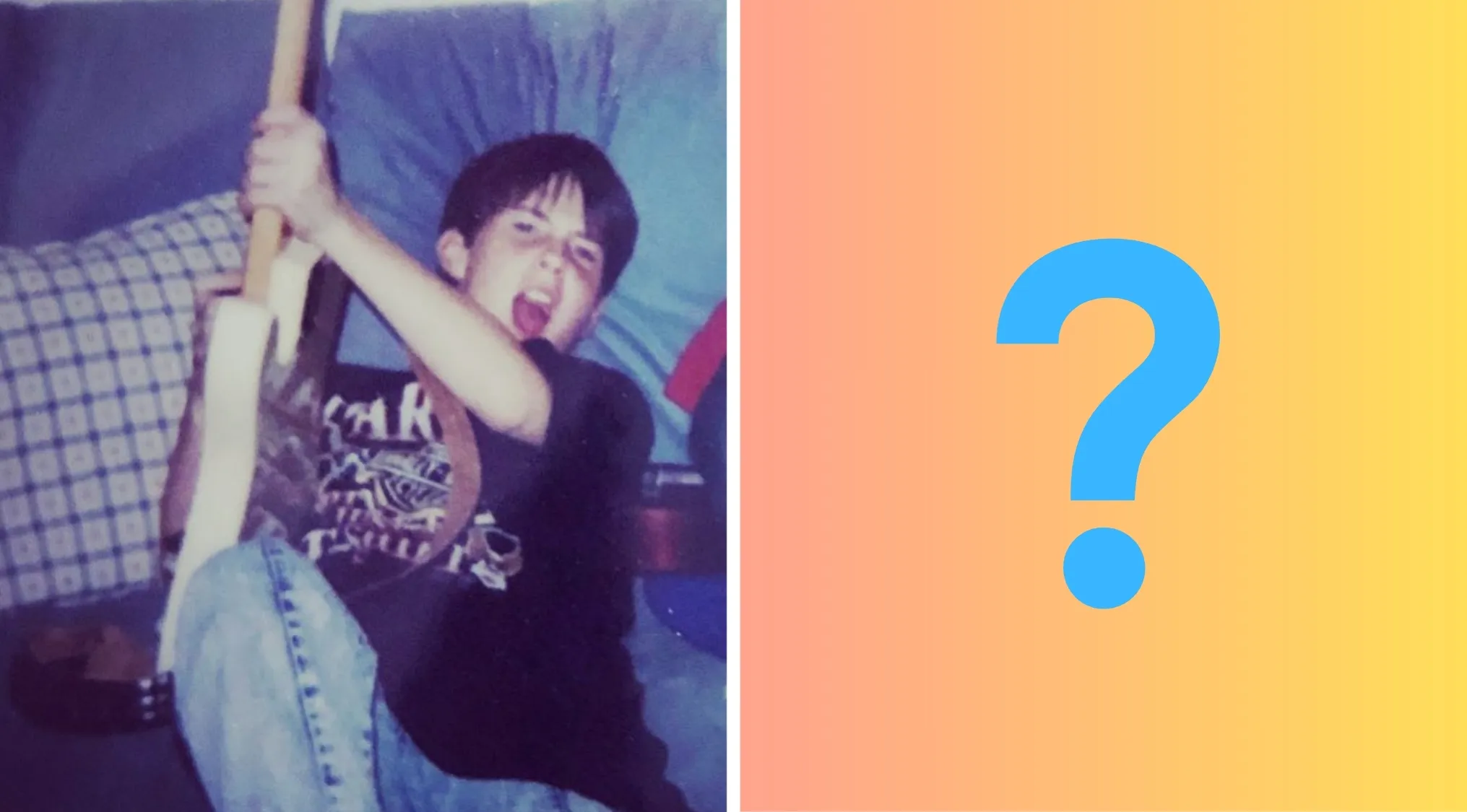 Child playing electric guitar energetically on couch, a fun glimpse of celebrities as kids in a casual setting