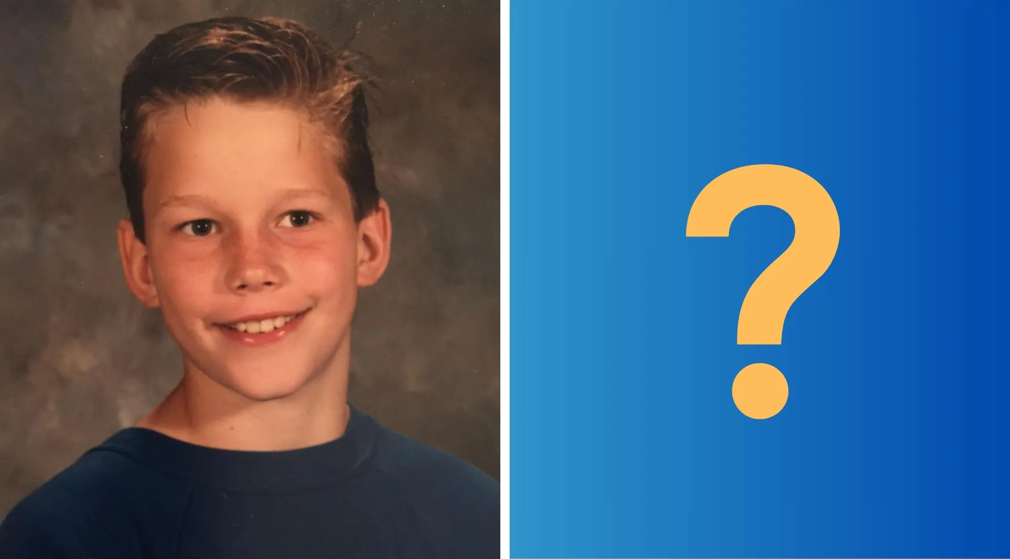 Young boy smiling in a school photo with a blue background featuring a large yellow question mark celebrity kids quiz