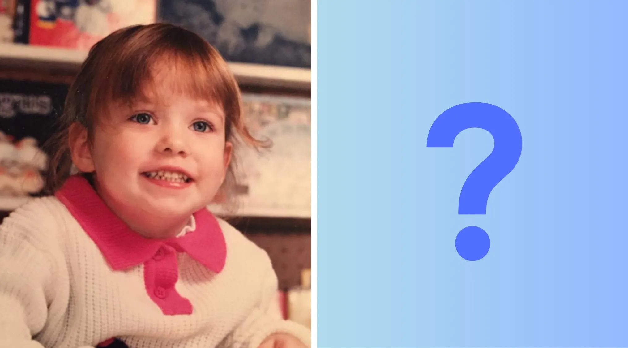 Child celebrity with bangs smiling in a white sweater with a pink collar, part of celebrities as kids series.