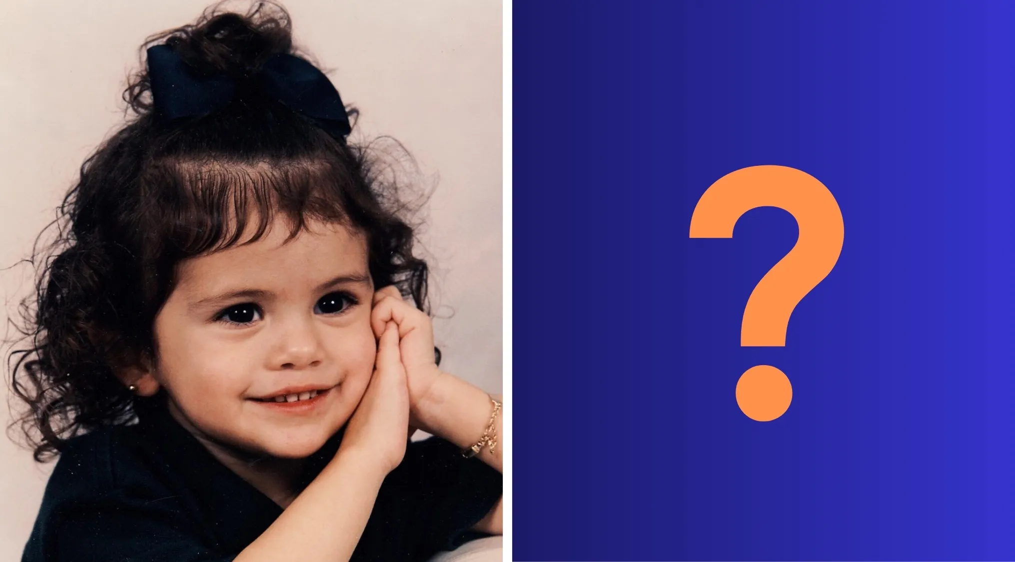 Young smiling child with curly hair and a bow, posing for a photo in celebrities as kids series question prompt.