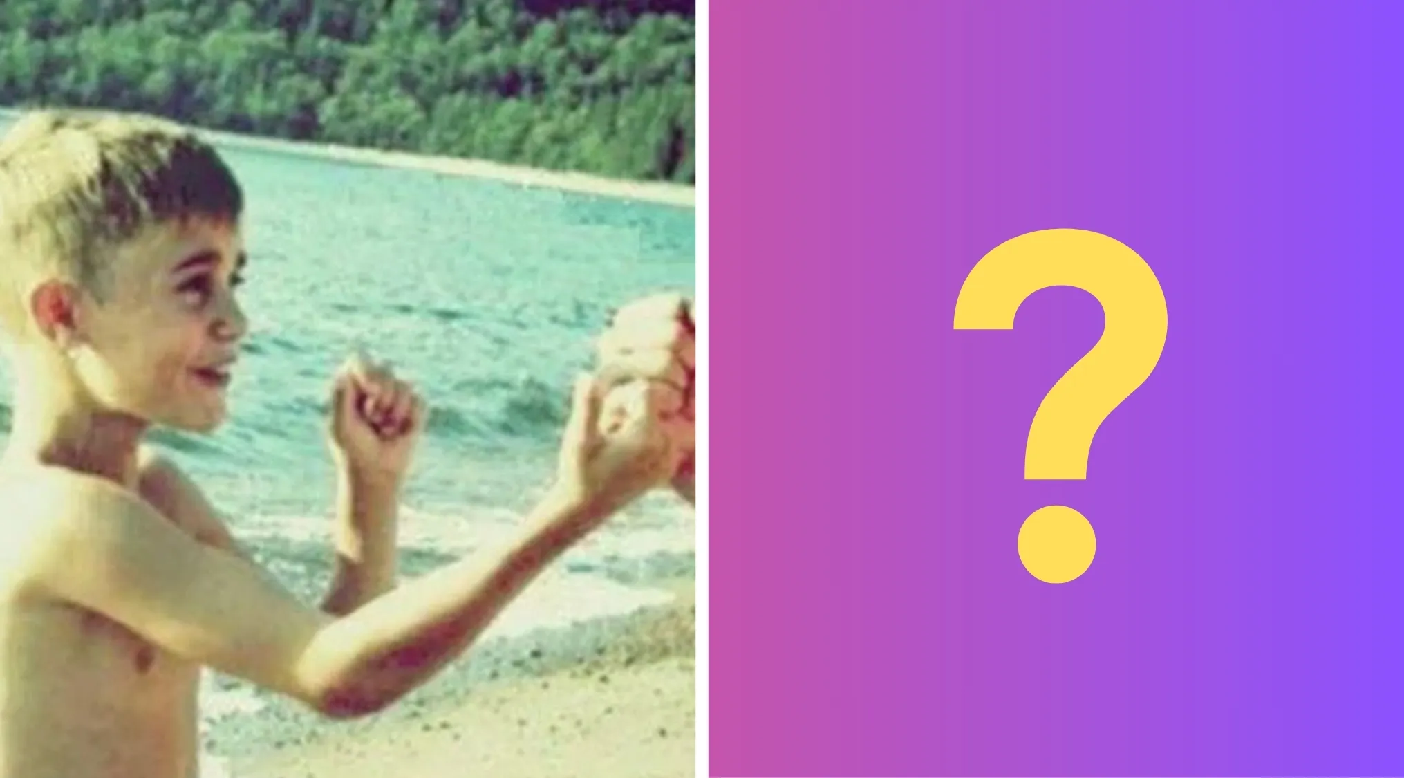 Young boy at the beach playing and smiling, part of celebrities as kids guessing game with a question mark graphic.