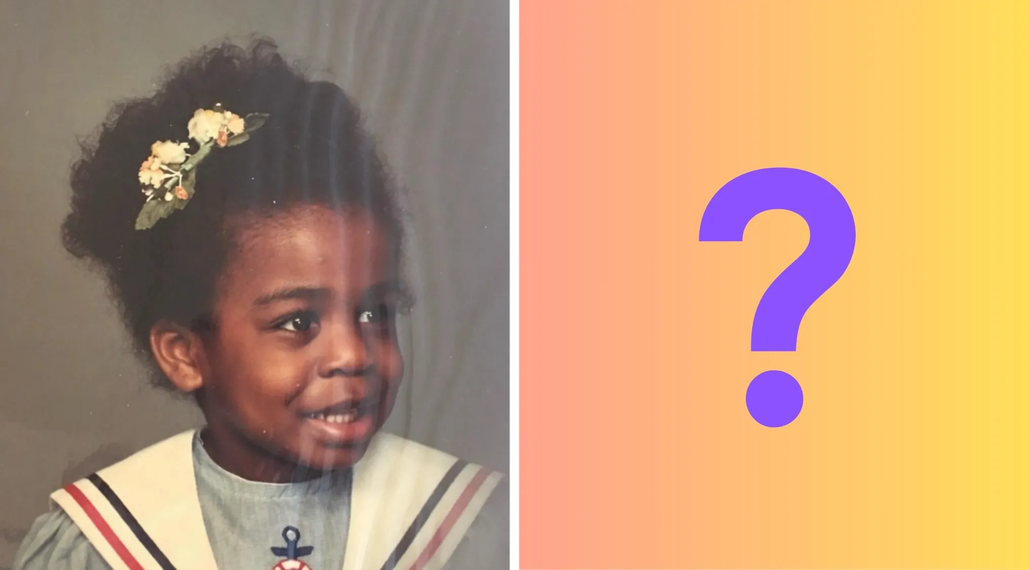 Young smiling girl with curly hair and floral hair clip in a sailor-style outfit in celebrities as kids quiz.