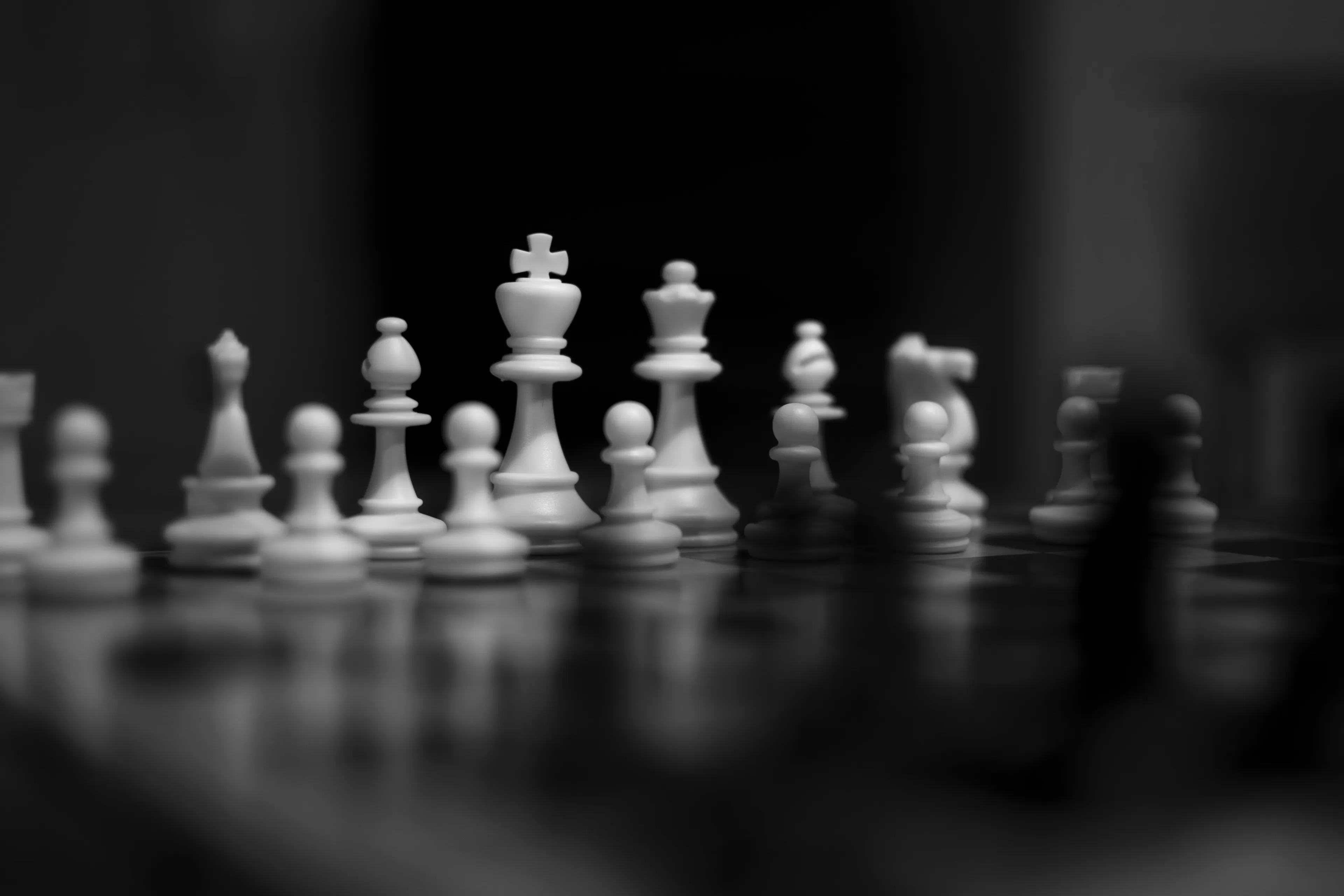 Black and white chess pieces arranged on a board focusing on the white king and diagonal movement in chess.