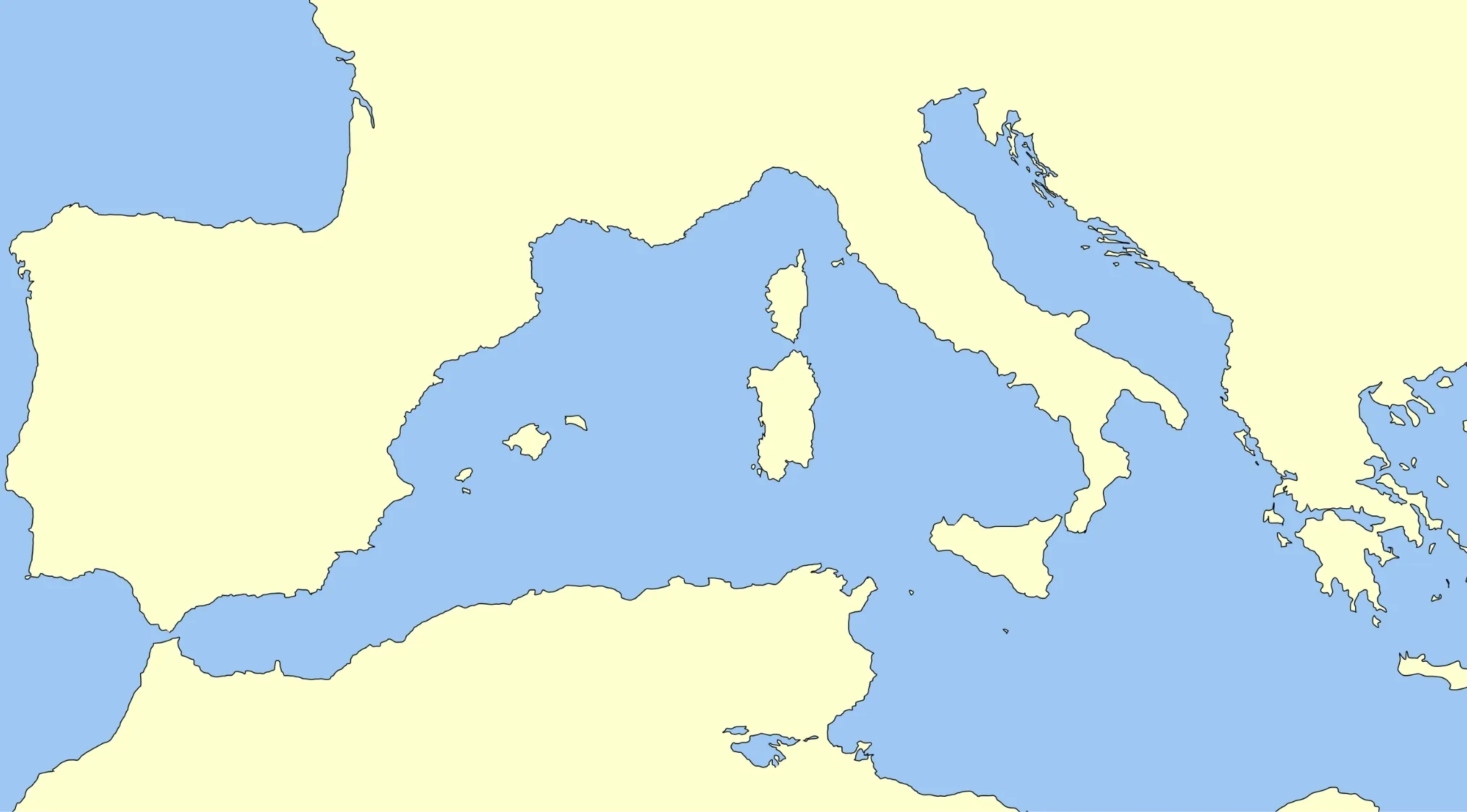 Map of the sea separating Southern Europe and Northern Africa highlighting the Mediterranean Sea region.