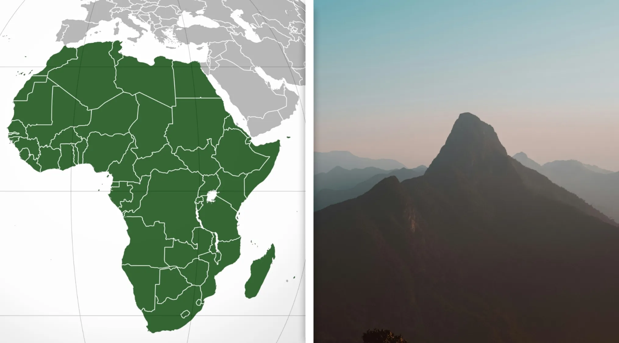 Map of Africa highlighted in green next to a photo of the tallest mountain in Africa at sunset.