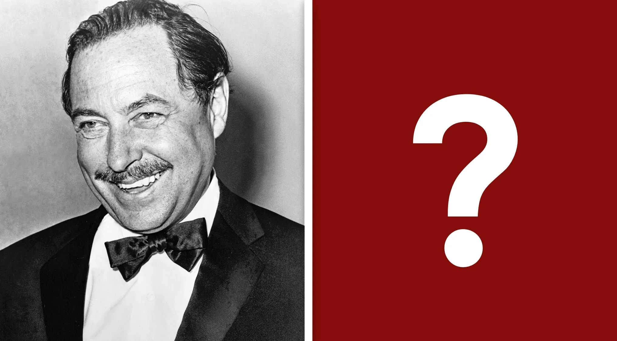 Black and white photo of Tennessee Williams smiling in a tuxedo next to a large question mark for general knowledge quiz.
