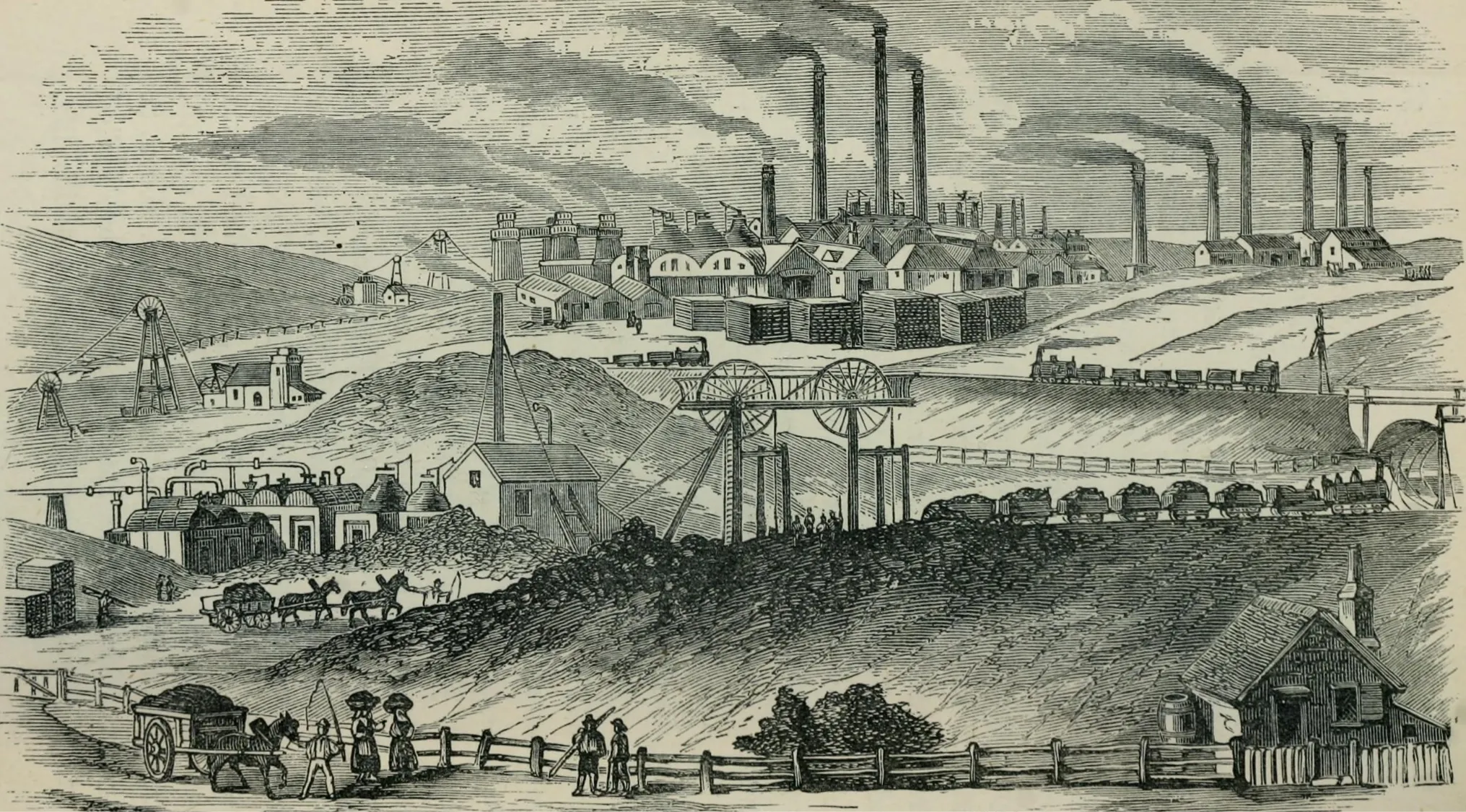 Industrial Revolution factory scene with smoke stacks and workers, depicting early industrial era and coal transportation.